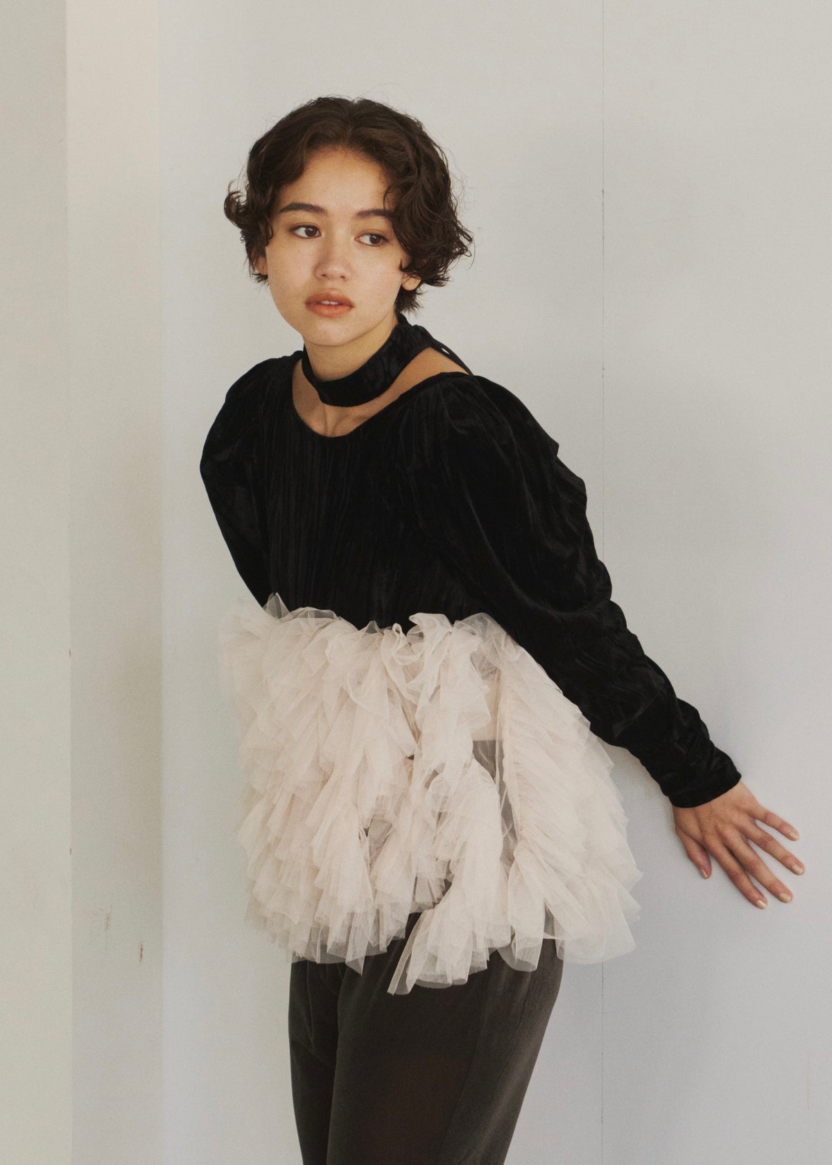 velour ruffle tulle top
