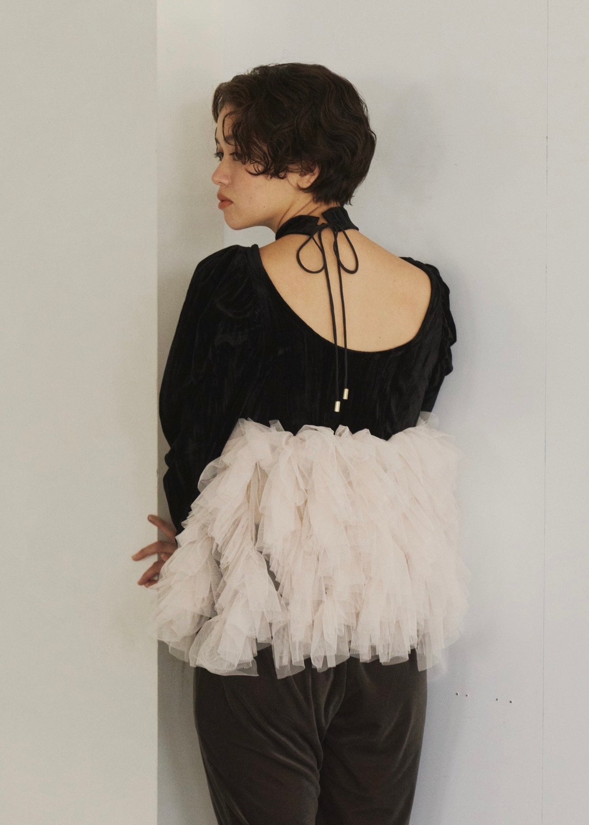 velour ruffle tulle top