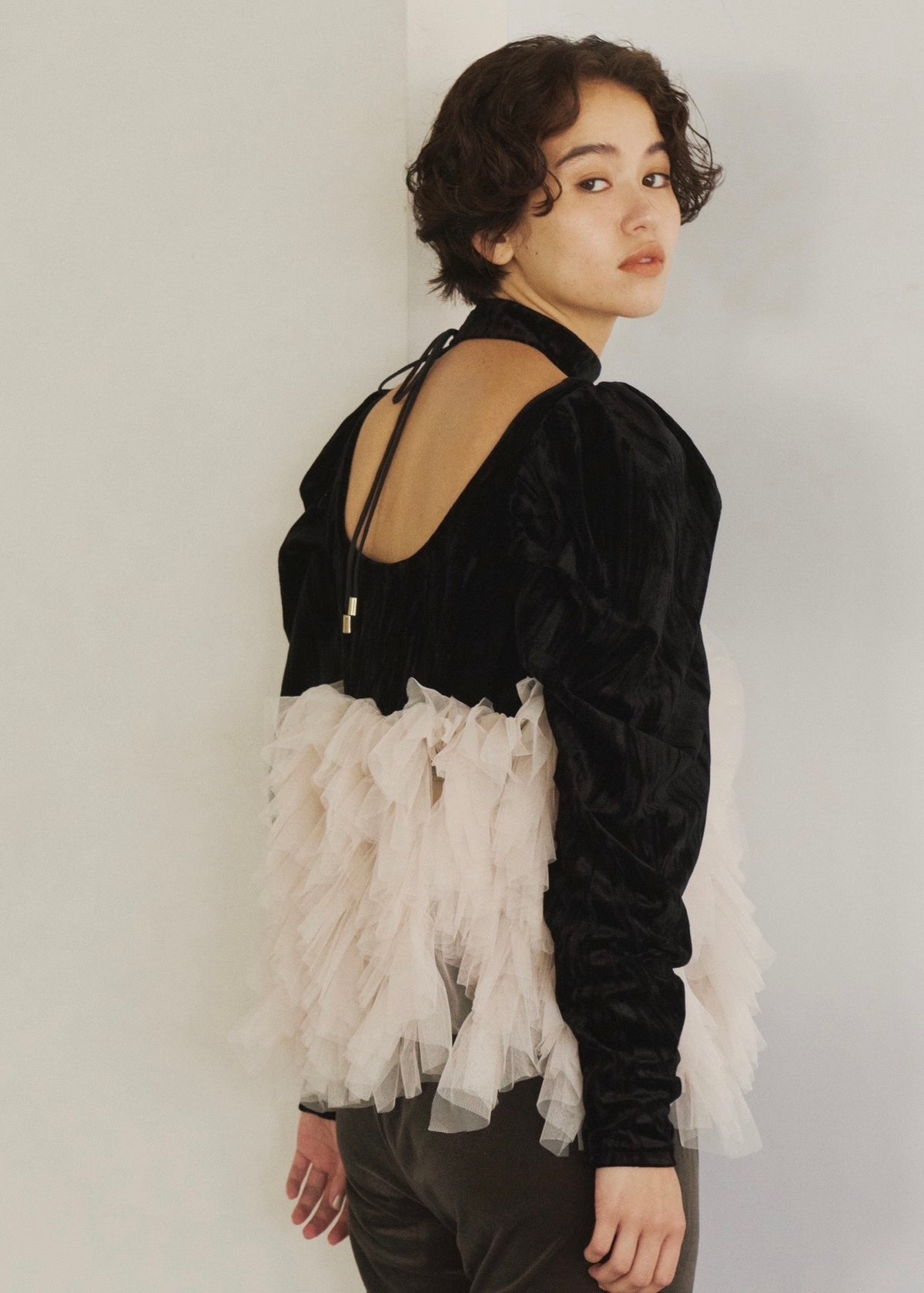 velour ruffle tulle top