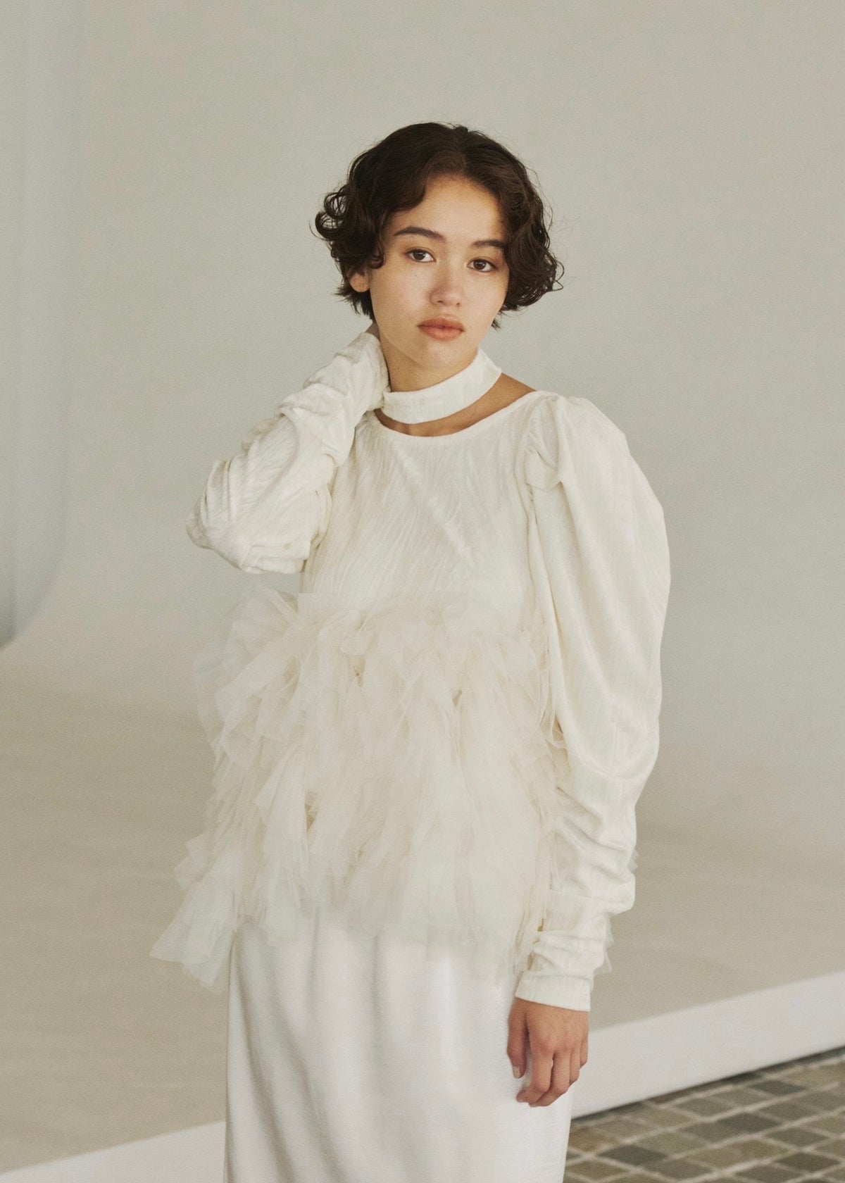velour ruffle tulle top