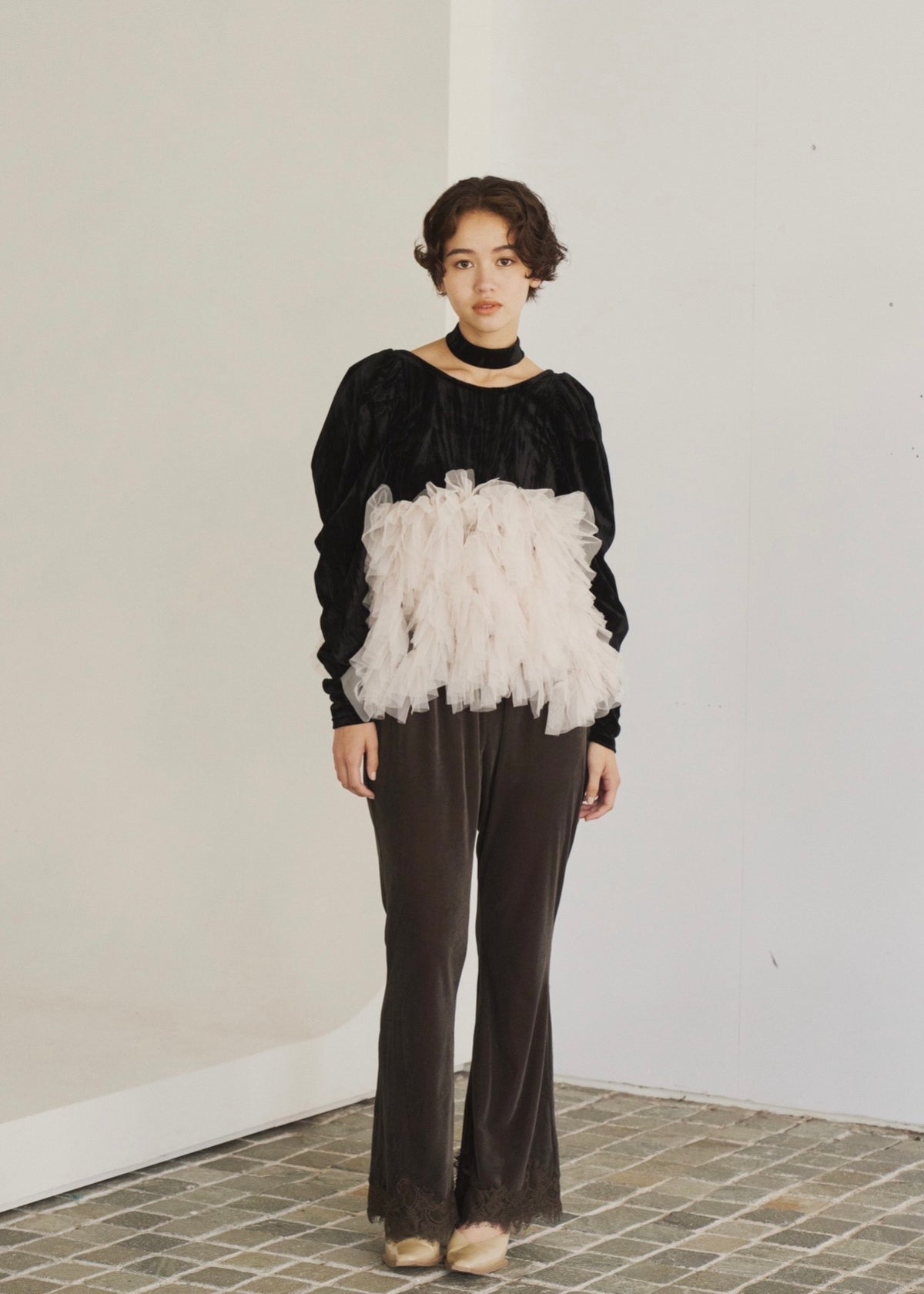 velour ruffle tulle top