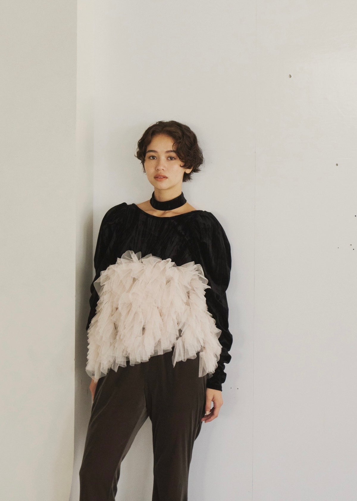 velour ruffle tulle top