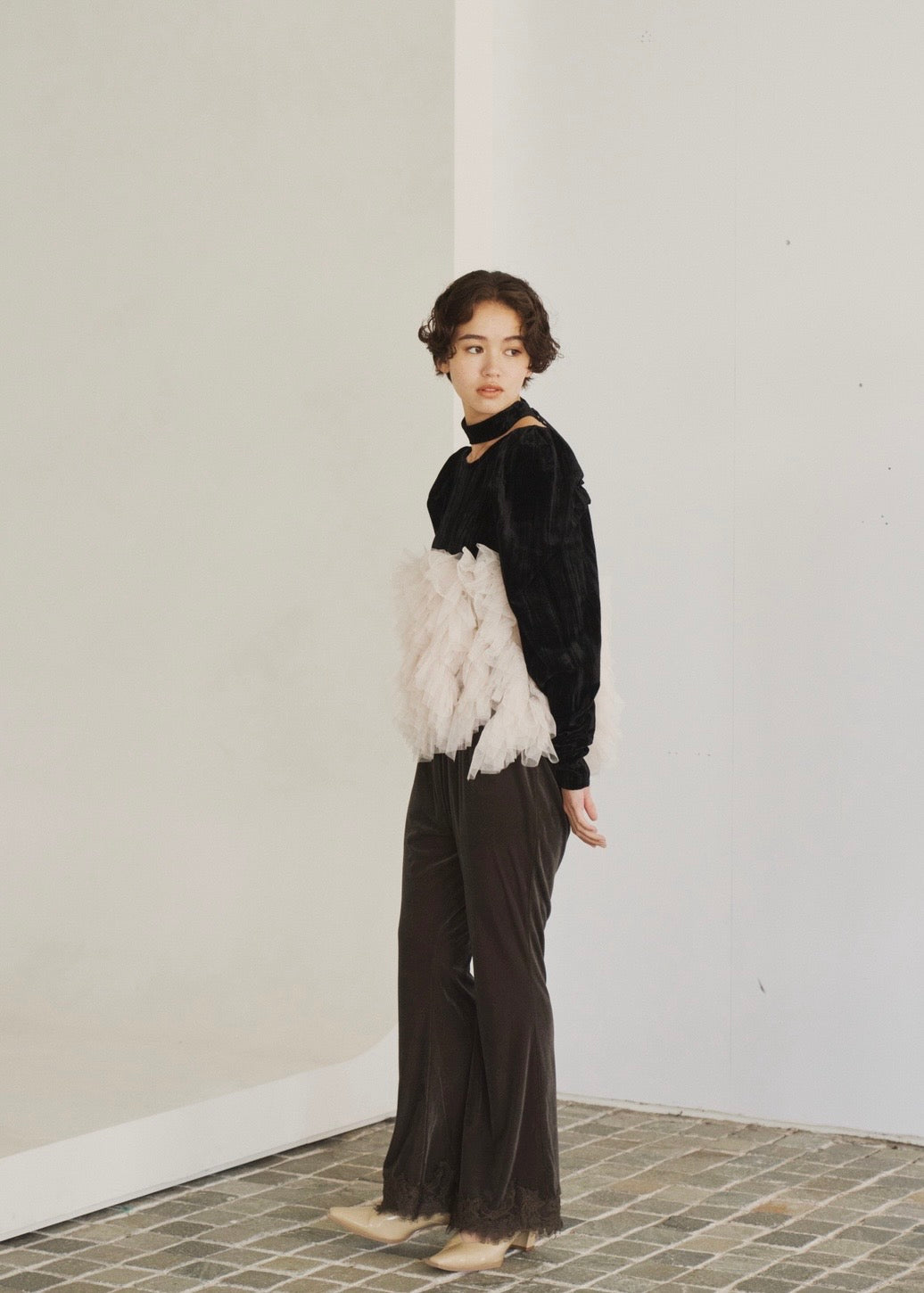 velour ruffle tulle top